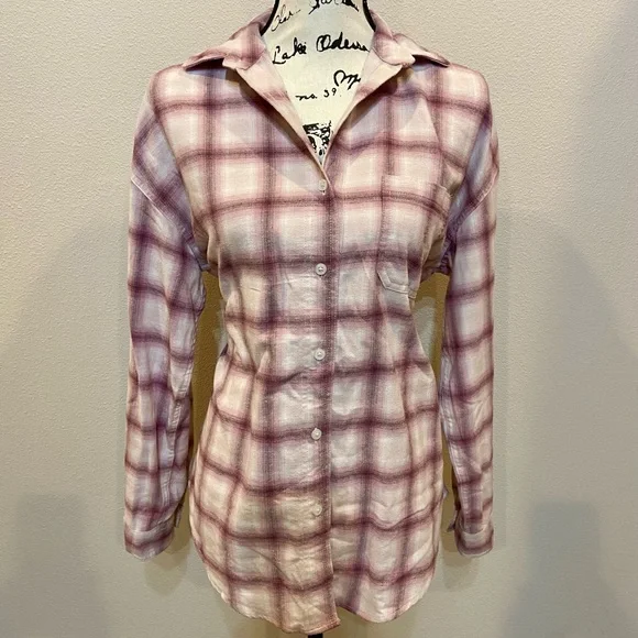 Aeropostale Plaid Flannel Button Up Down Collared Shirt Oversized Soft Pink XS - Picture 3 of 7